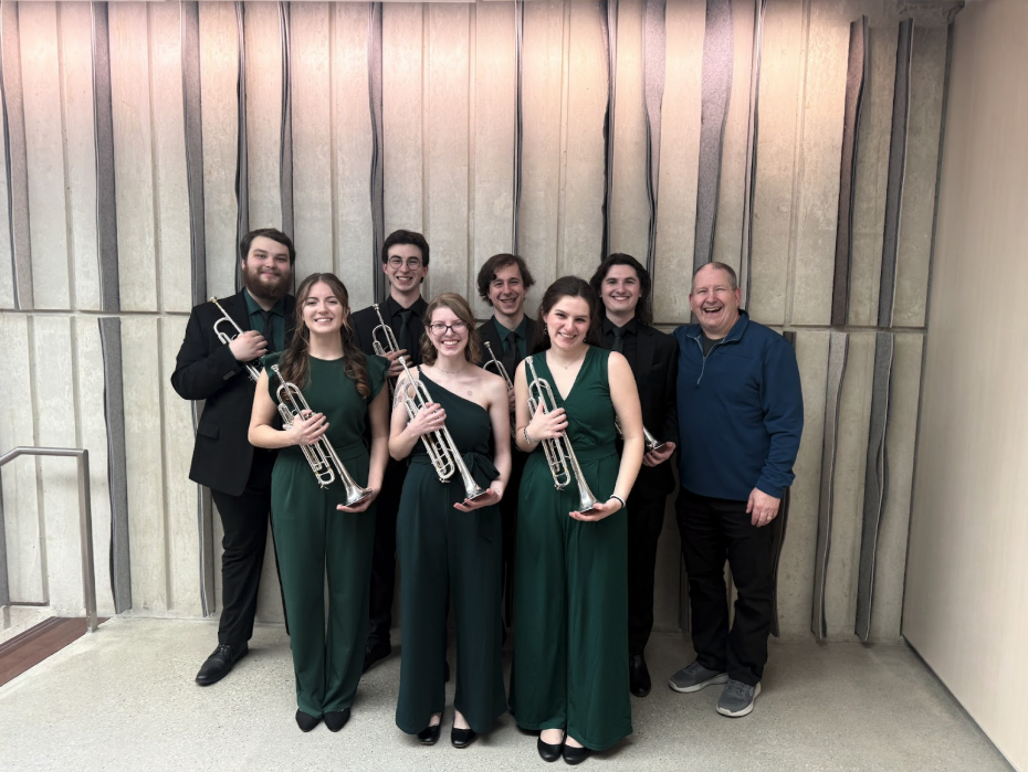 Professor Bryan Appleby-Wineberg and the Rowan University Trumpet Septet: (back row from L) Andrew Strom, Jack Newman, Evan Boltniew, Ian O’Boyle and Appleby-Wineberg (front row from L) Kassandra Miano, Rylie Phillips and Phoebe Sheer.